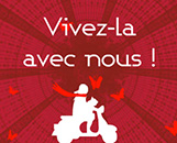 bannière animée en flash pour le recrutement des Galeries Lafayette. La coupole sur fond rouge, un scooter blanc avec des papillons rouges autou