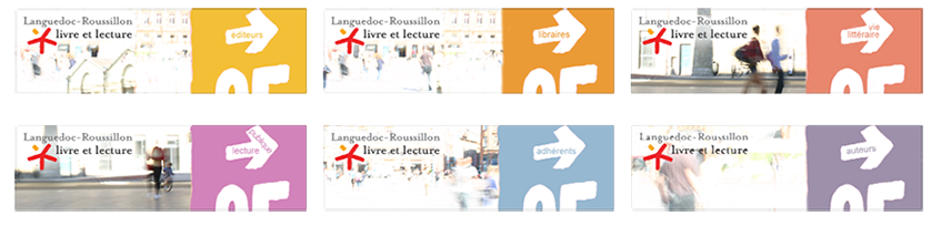six bandeaux intranet pour Livre et Lecture Languedoc Roussillon, déclinaison de photos et de couleurs